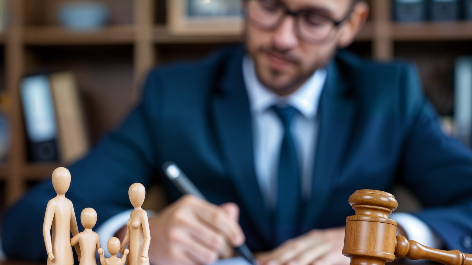 A family figurine set in front of a lawyer writing notes, symbolizing legal support and family law. Ideal for legal services, family counseling, and educational materials on family rights