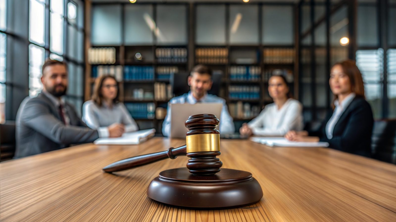 Judge’s gavel with legal professionals having a team meeting in a law firm. Concept of legal services and justice. (Law)