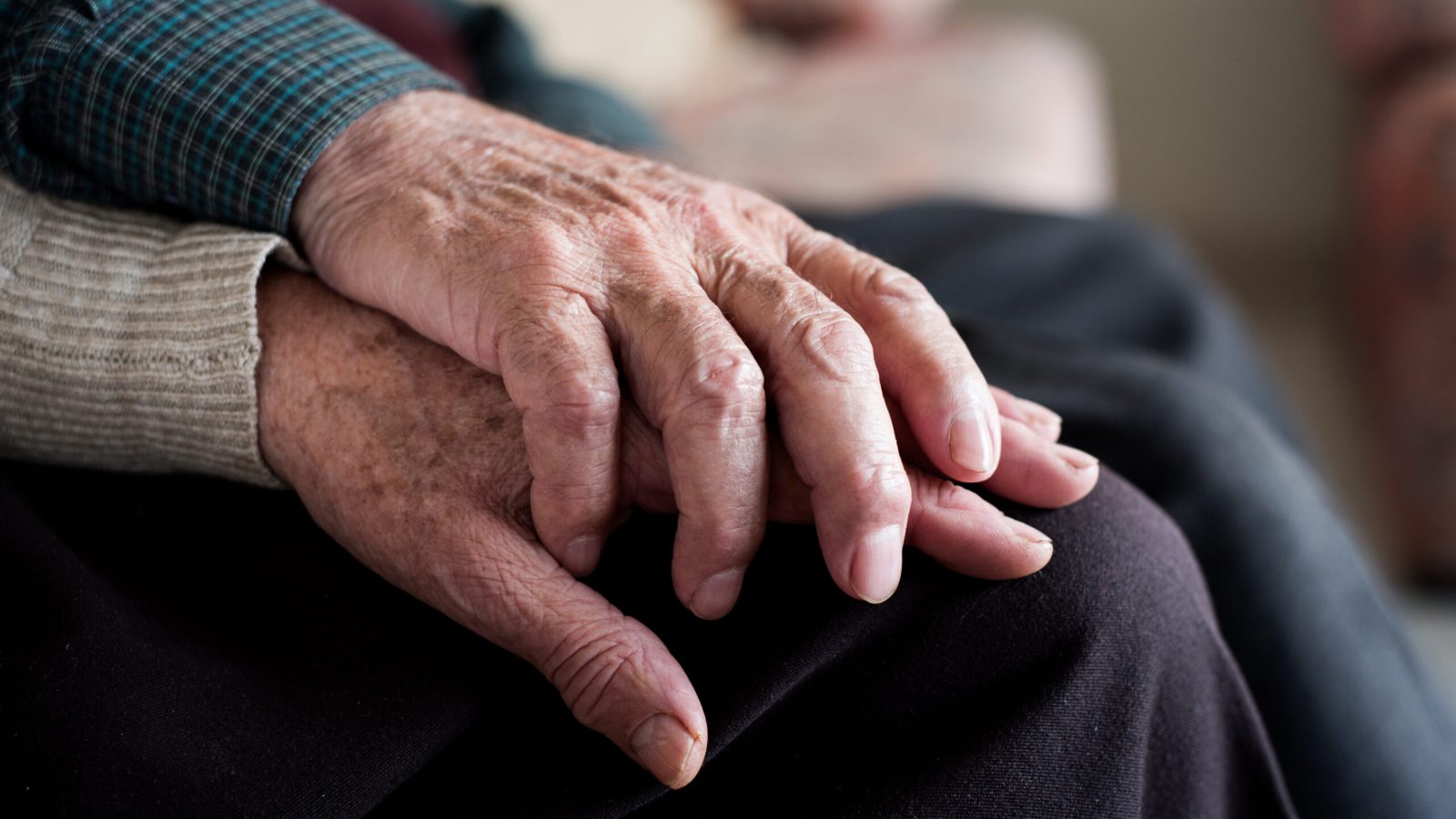 closeup of an old caucasian man and an old caucasian woman sitting in a couch holding hands with affection