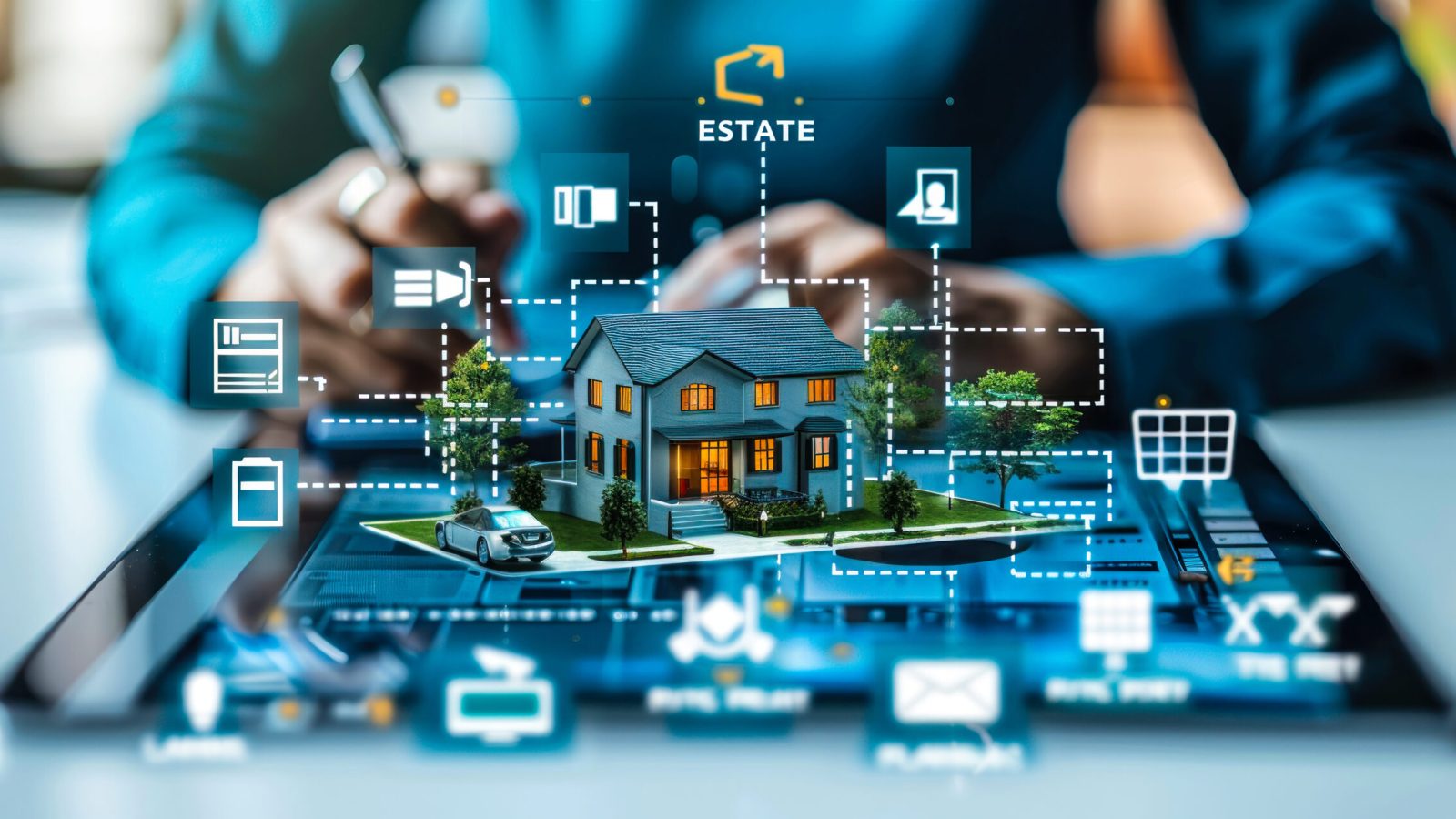 A professional offers estate planning services through digital icons representing legal aspects, property ownership, wealth management, comprehensive financial and asset protection strategies