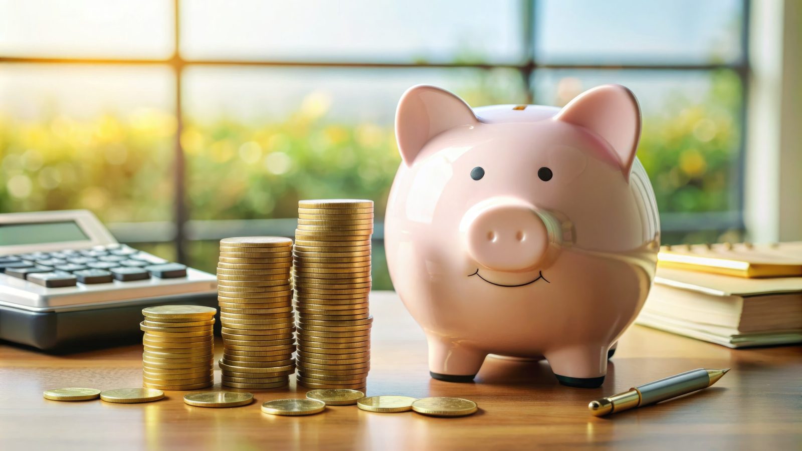 A neatly organized desk with a piggy bank, calculator, and coins, surrounded by stacks of bills and financial documents, representing effective savings and cost management.